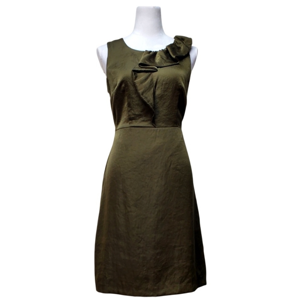 LOFT Olive Green Sleeveless Ruffle-Front Midi Dress